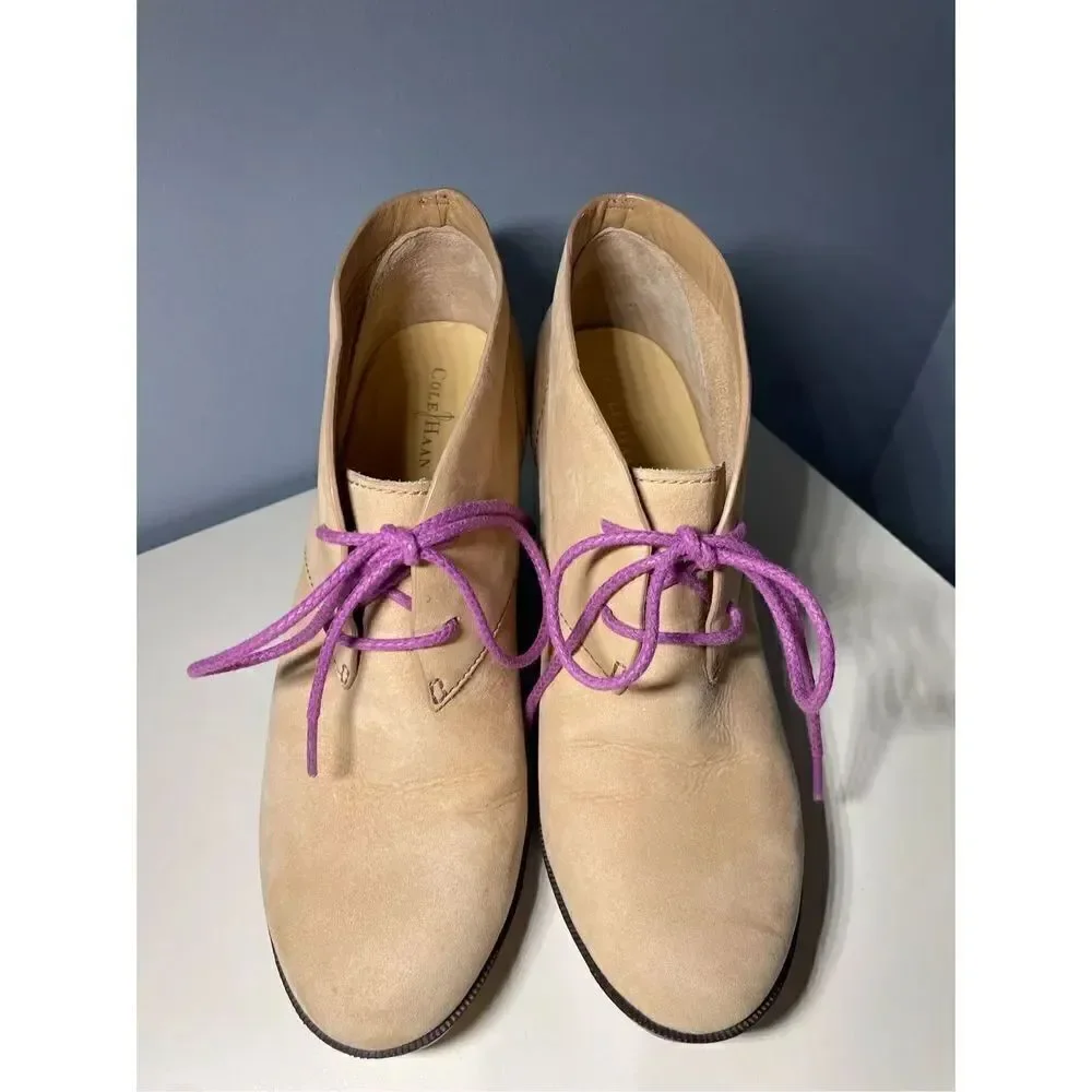 Cole Haan Sandstone Wedge Lace up Boot Bootie with Purple Laces size 8
